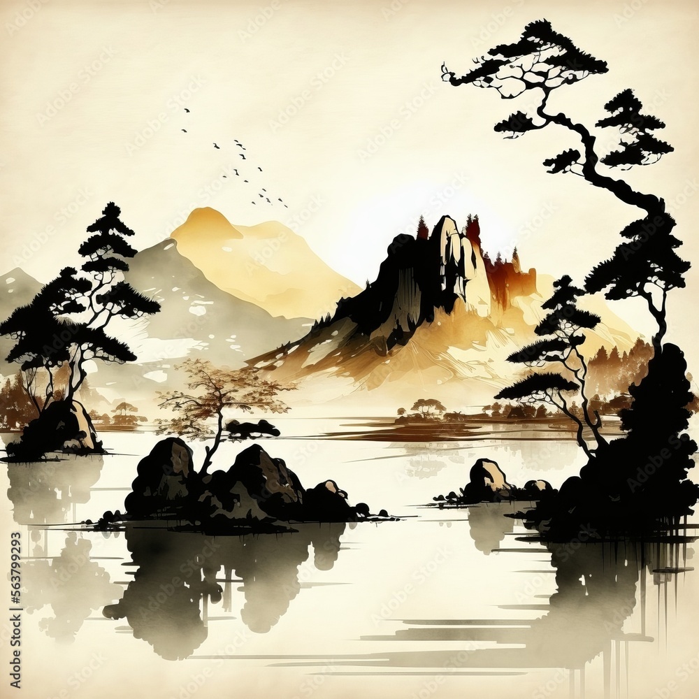 Lake in Chinese Brush Painting (generative AI)
