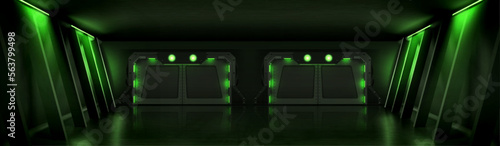 Spaceship, ship or laboratory metal gates. Futuristic interior with closed sliding doors. Empty bunker or shuttle tunnel with gateway and green light, vector realistic illustration