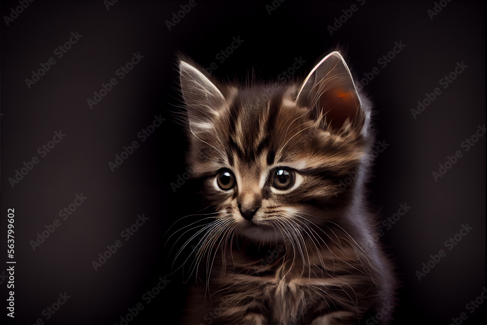 Portrait of a baby kitten on a black background. generative ai