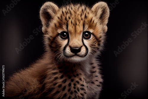 Portrait of a baby cheetah on a black background. generative ai