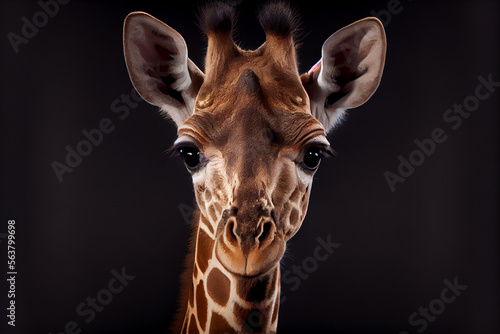 Portrait of a baby giraffe on a black background. generative ai