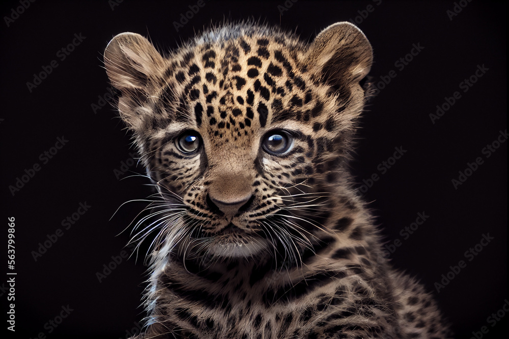 Obraz premium Portrait of a baby leopard on a black background. generative ai