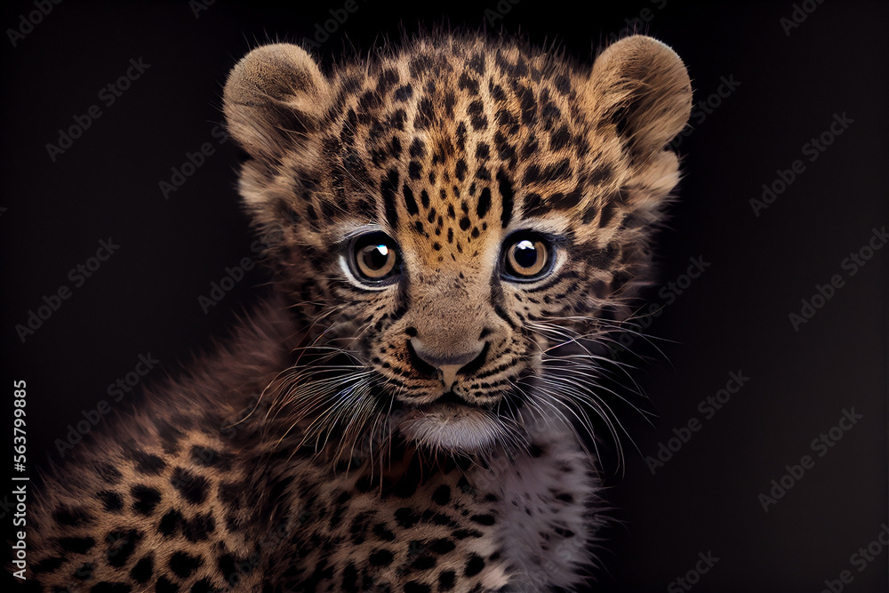 Portrait of a baby leopard on a black background. generative ai Portrait of a baby leopard on a black background. generative ai