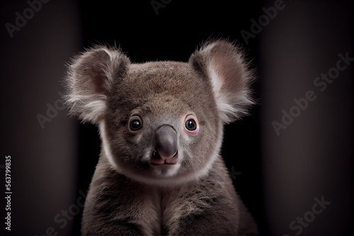 Portrait of a baby koala on a black background. generative ai