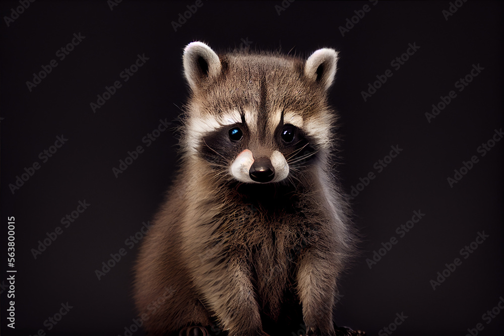 Portrait of a baby racoon on a black background. generative ai