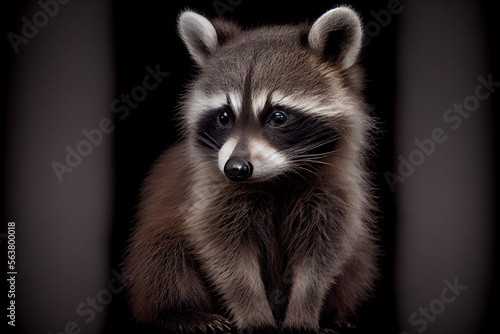 Portrait of a baby racoon on a black background. generative ai