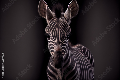 Portrait of a baby zebra on a black background. generative ai