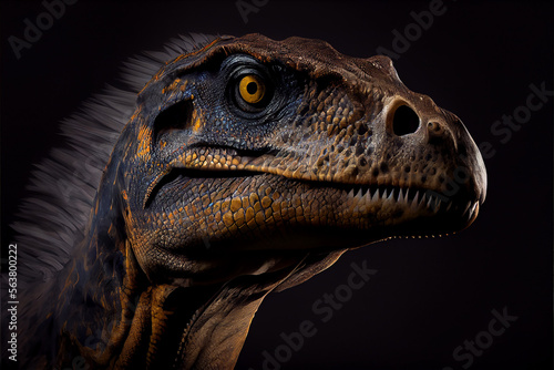 Portrait of a dinosaur on a black background. generative ai © Julian