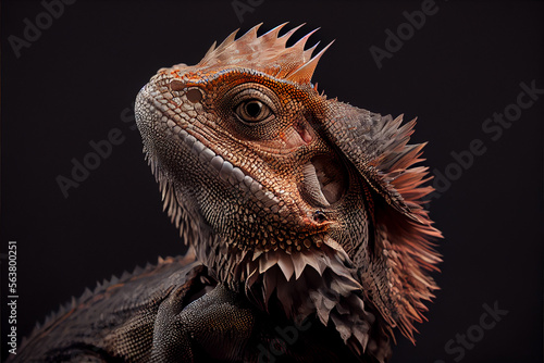 Portrait of a frilled lizard on a black background. generative ai