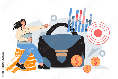 Online trading, cryptocurrency, stocks and bonds financial management. Stock investment advisor managing successful profitable stock portfolio, flat vector illustration isolated on white background.