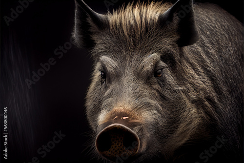 Leinwand Poster Portrait of a wild hog on a black background. generative ai