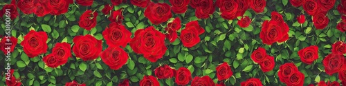 Gorgeous red roses - panoramic illustration of colorful red rose flowers. Showing pretty petals  these fragile plants are eye-appealing and beloved. Made by generative AI