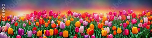 Gorgeous flowers - panoramic illustration of colorful flowers. Showing pretty petals, these fragile plants are eye-appealing and in spring pastels. Made by generative AI