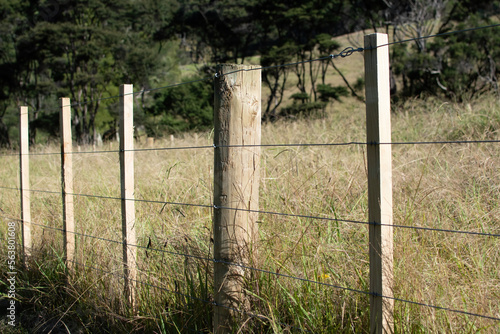 Foto wire boundary farm fence with wooden posts