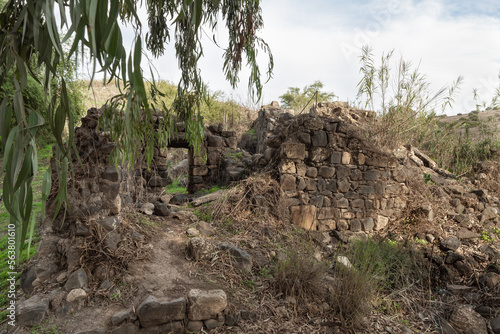 The ruins  of the fortress wall of the Ateret fortress - Metzad Ateret - Qasr Atara - located next to the ford of the Jacob daughters on the Jordan River, in northern Israel photo