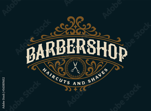 Barbershop vintage Luxury frame Logo Badge with flourish Victorian Ornament
