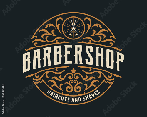 Barbershop vintage Luxury frame Logo Badge with flourish Victorian Ornament
