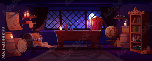 Pirate cabin interior on ship at night. Vector cartoon illustration of room with antique wooden furniture, treasure chest, map on wall, rum barrels, wine bottles on shelf, midnight sky in window