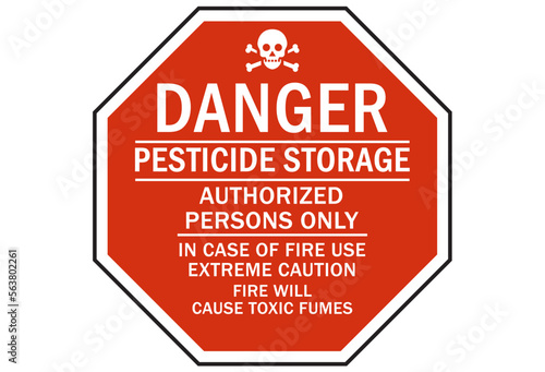 Pesticide storage sign and labels authorized persons only in case of fire use extra caution fire will cause toxic fumes