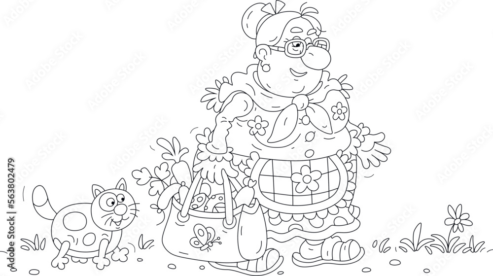 Fototapeta premium Funny chubby housewife and a her merry cat walking with a bag full of groceries after shopping, black and white outline vector cartoon illustration for a coloring book