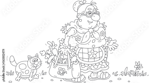 Funny chubby housewife and a her merry cat walking with a bag full of groceries after shopping, black and white outline vector cartoon illustration for a coloring book