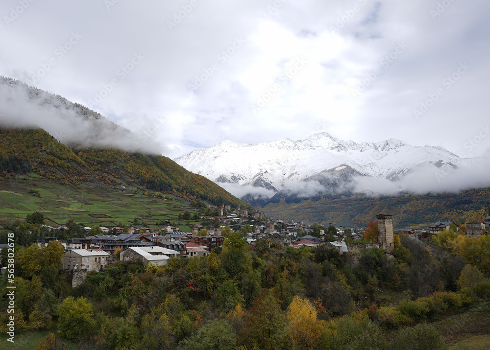 Mestia village town with beautiful autumn mountain landscape of the Caucasus mountain range