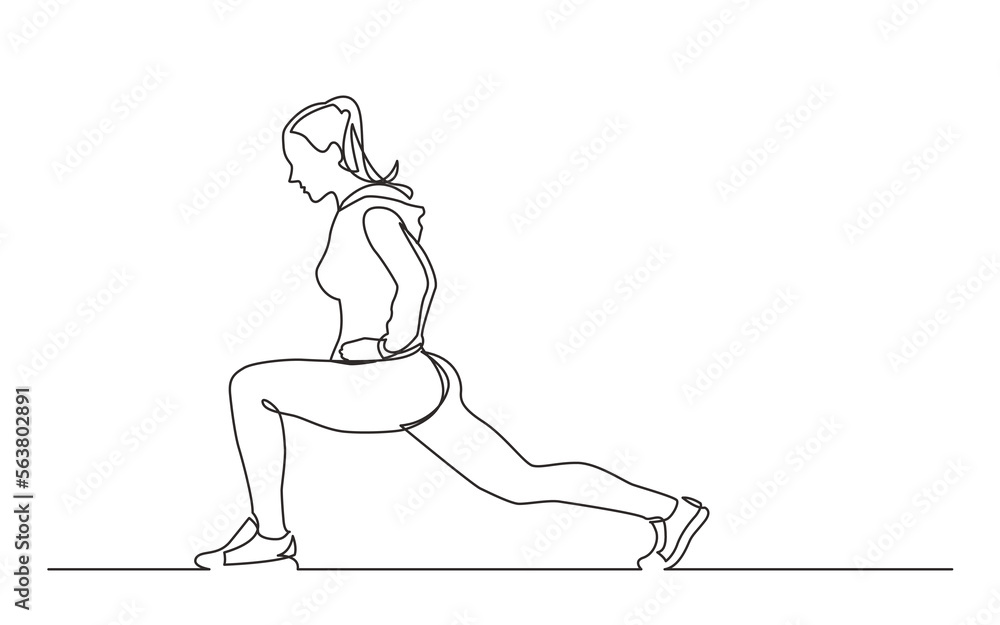 continuous line drawing vector illustration with FULLY EDITABLE STROKE of female athlete stretching legs