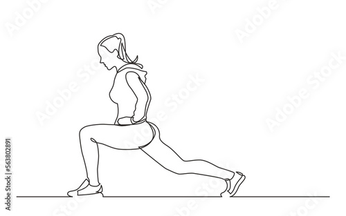 continuous line drawing vector illustration with FULLY EDITABLE STROKE of female athlete stretching legs