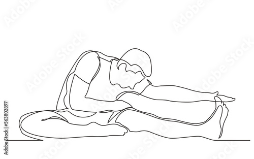 continuous line drawing vector illustration with FULLY EDITABLE STROKE of man stretching his leg in yoga exercise