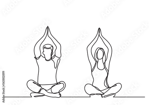 continuous line drawing vector illustration with FULLY EDITABLE STROKE of man woman doing yoga