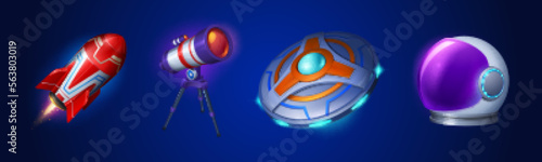 Cartoon set of space objects isolated on background. Vector illustration of colorful flying rocket with fire trail, astronomy telescope, alien UFO and astronaut helmet icons. Cosmos exploration