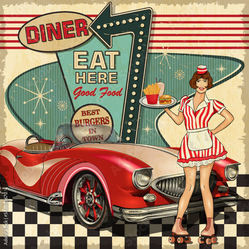 Vintage Diner poster in traditional American style with waitress on roller skates. photo
