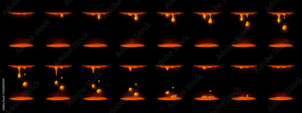 Falling liquid lava drops animation sprite sheet for 2d game. Hot ...