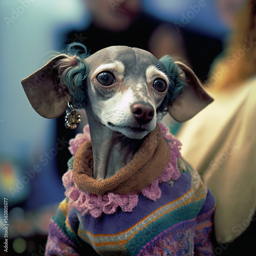 Portrait of puppy in a fashion suit,  Dog dressed with retro stile in a fancy  knitted dress. Fashion parade. Digital art painting © Вячеслав Герц