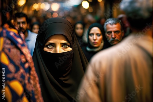 Woman wearing niqab in a middle eastern city. street. Generative AI