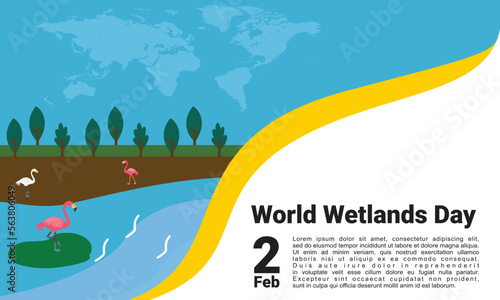 World Wetlands Day theme. Postcard or banner with a map cut out in paper, the branches of reeds and reminding an inscription. The date of the event is 2 February. Vector illustration.