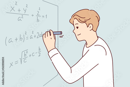 Man solves complex mathematical problems by completing tasks of university teacher. Smart guy in white shirt is using marker to write formula on blackboard during algebra exam. Flat vector design 