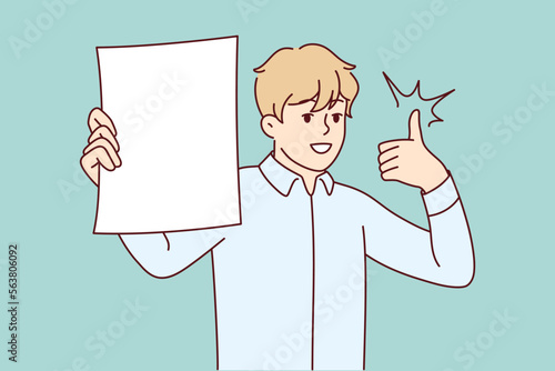 Man shows white sheet of paper and raises thumb up recommending cool investment offer. Young guy in shirt office worker demonstrating document for business concept. Flat vector illustration