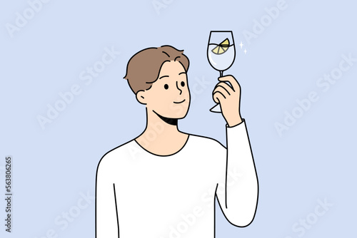 Smiling young man with glass of water recommend healthy lifestyle. Happy guy feel thirsty hold in hands aqua with lemon for hydration. Vector illustration. 