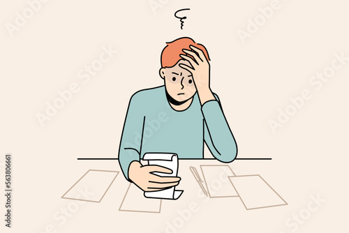 Confused young man sit at table frustrated with bills and expenses. Unhappy guy look at receipts shocked distressed with expenditure and taxes. Vector illustration. 