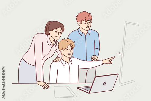 Teenage boy with afraid face points finger at window drawing attention parents to threatening person. Man and woman are standing near frightened son sitting at table with laptop. Flat vector design 