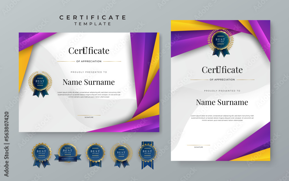 Orange and purple certificate of achievement template set with gold ...