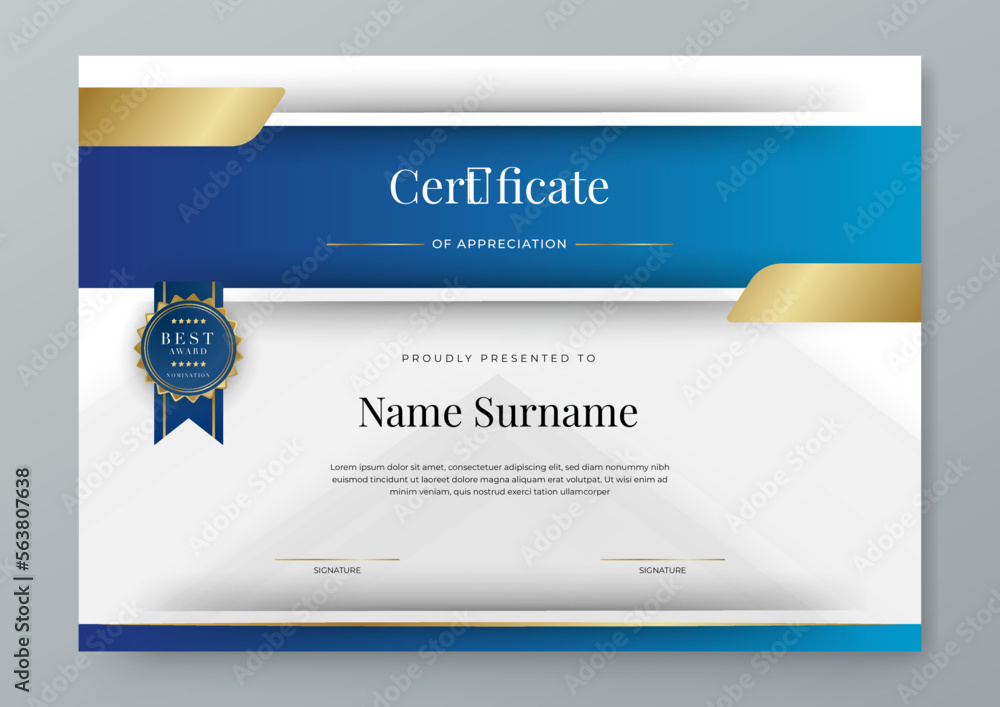 Blue and gold certificate of achievement template set with gold badge ...