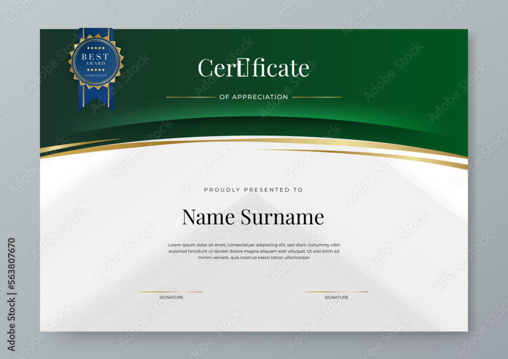 Green and gold certificate of achievement template set with gold badge ...