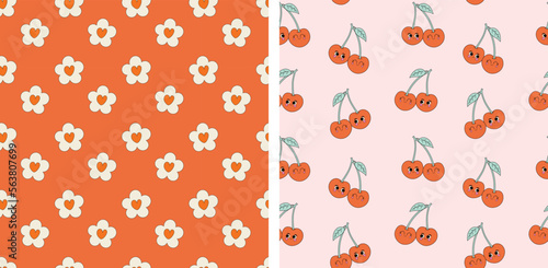 Set of 2 cute romantic pattern with cherry and floral design. Retro pattern background for valentines day. 