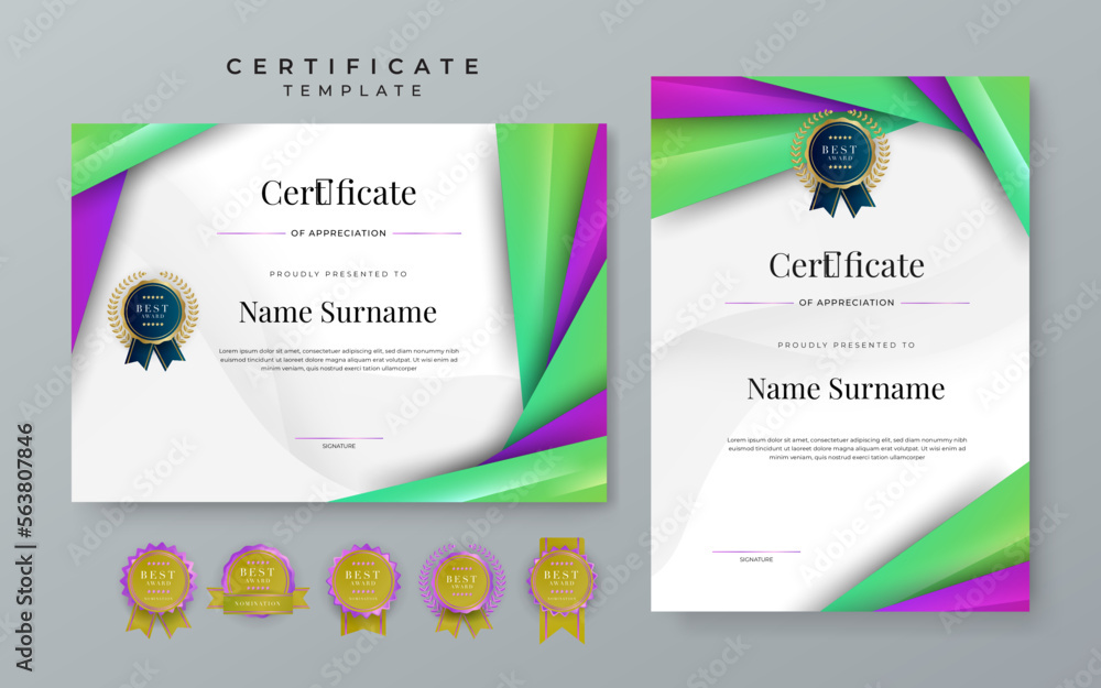 Green and purple certificate of achievement border template with luxury ...