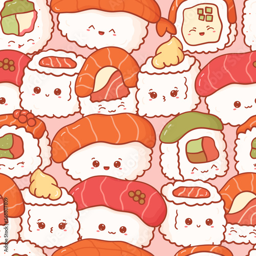 Seamless pattern with cartoon kawaii sushi and rolls. Cute anime print for phone case, backgrounds, fashion, wrapping paper and textile. Vector Illustration