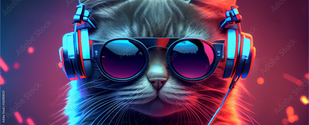 Cool Cat With Headphones Listening To Music On A Purple Neon Bright 