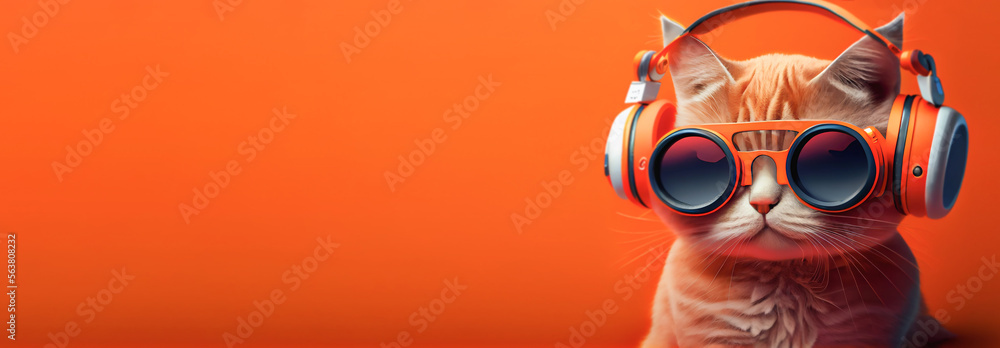 A red-haired cat with headphones and trendy glasses listens to electronic acid music on an orange empty background panorama. ai generated,