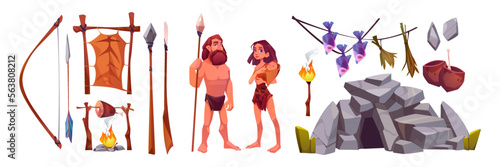 Prehistoric cave people. Ancient primitive caveman family, hunting tools, fire and food. Neanderthal man and woman with baby, primeval ancestors, vector cartoon illustration